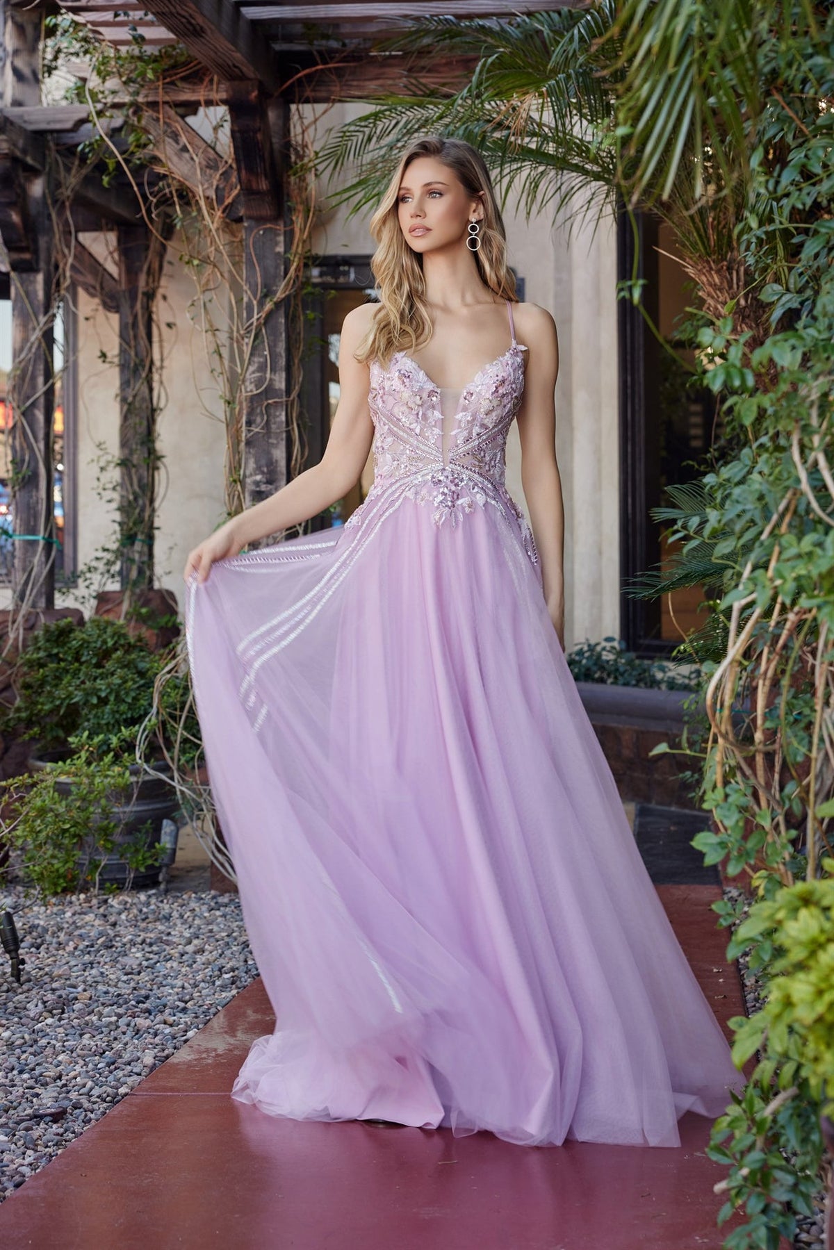 Formal Sleeveless Graduation Gown w/ Floral Motif & Lace up Back NXG1795-4