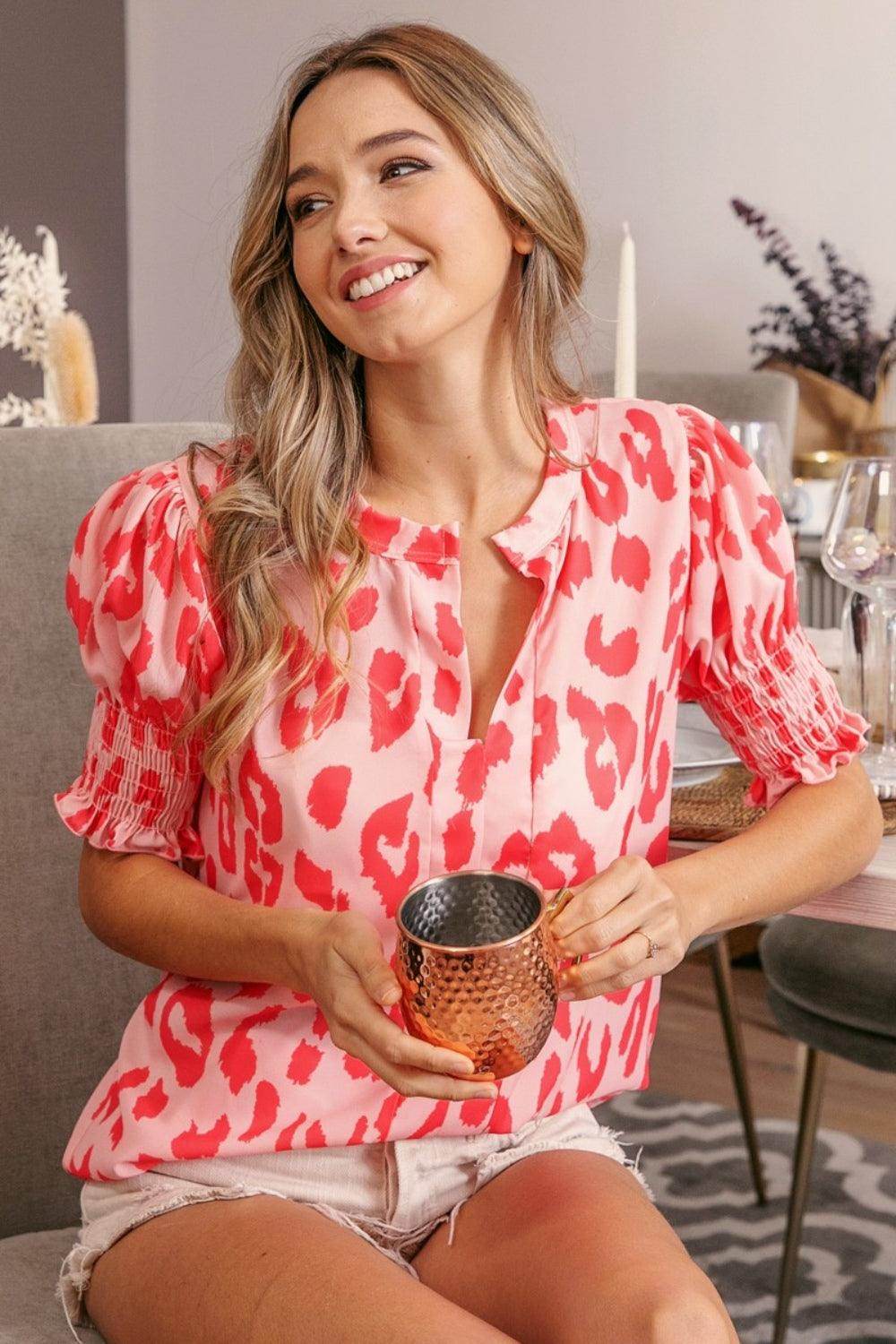 BiBi Leopard Smocked Short Sleeve Blouse for Trendy Style-0