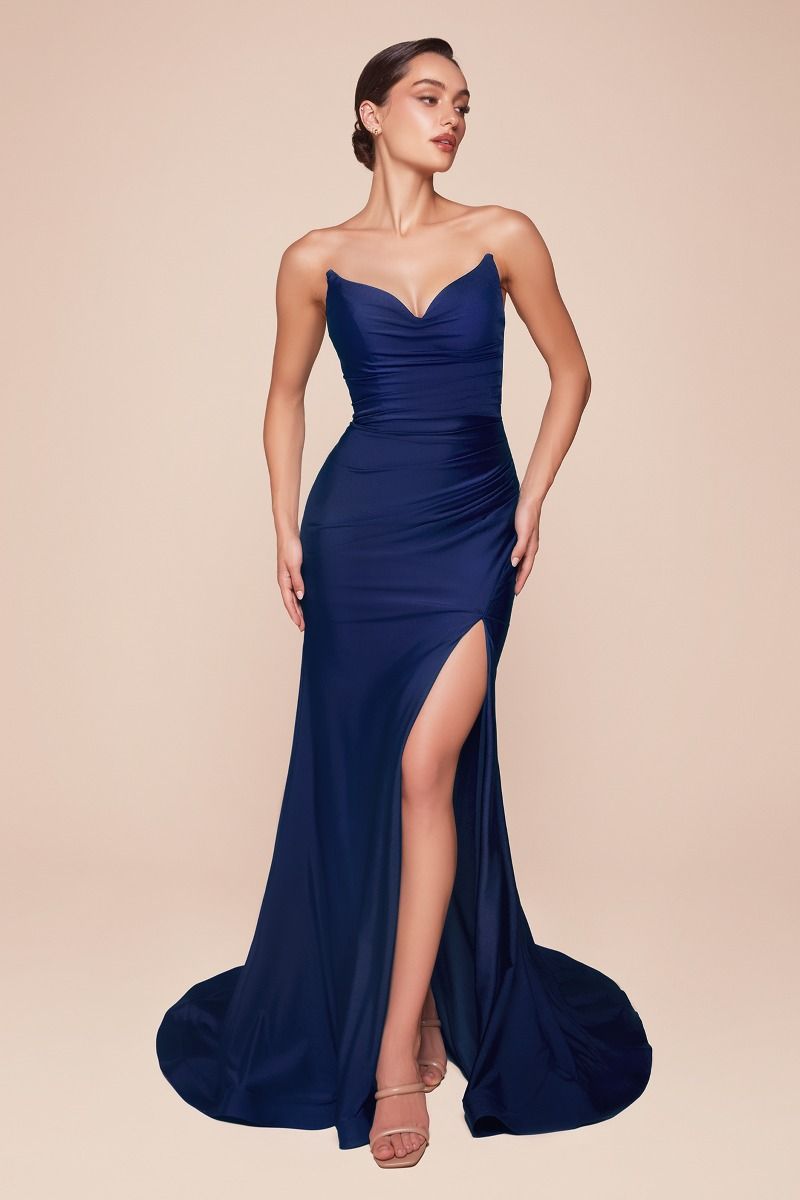 STRAPLESS STRETCH SATIN FITTED GOWN CDCD791-3