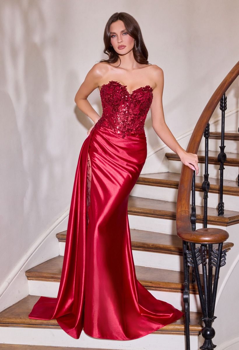 Sequins Embellished Long Graduation Gown w/ Corset Bodice & Side Drape CDCDS565-4