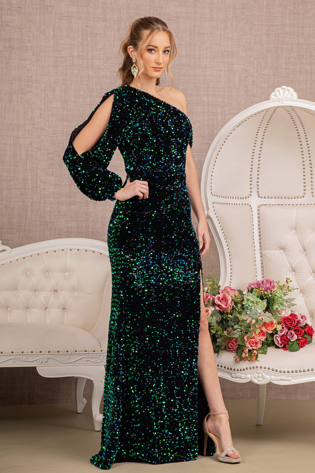 Sequin Asymmetric Velvet Festive Mermaid Gown w/ One Long Puff Sleeve  GLGL3159-6