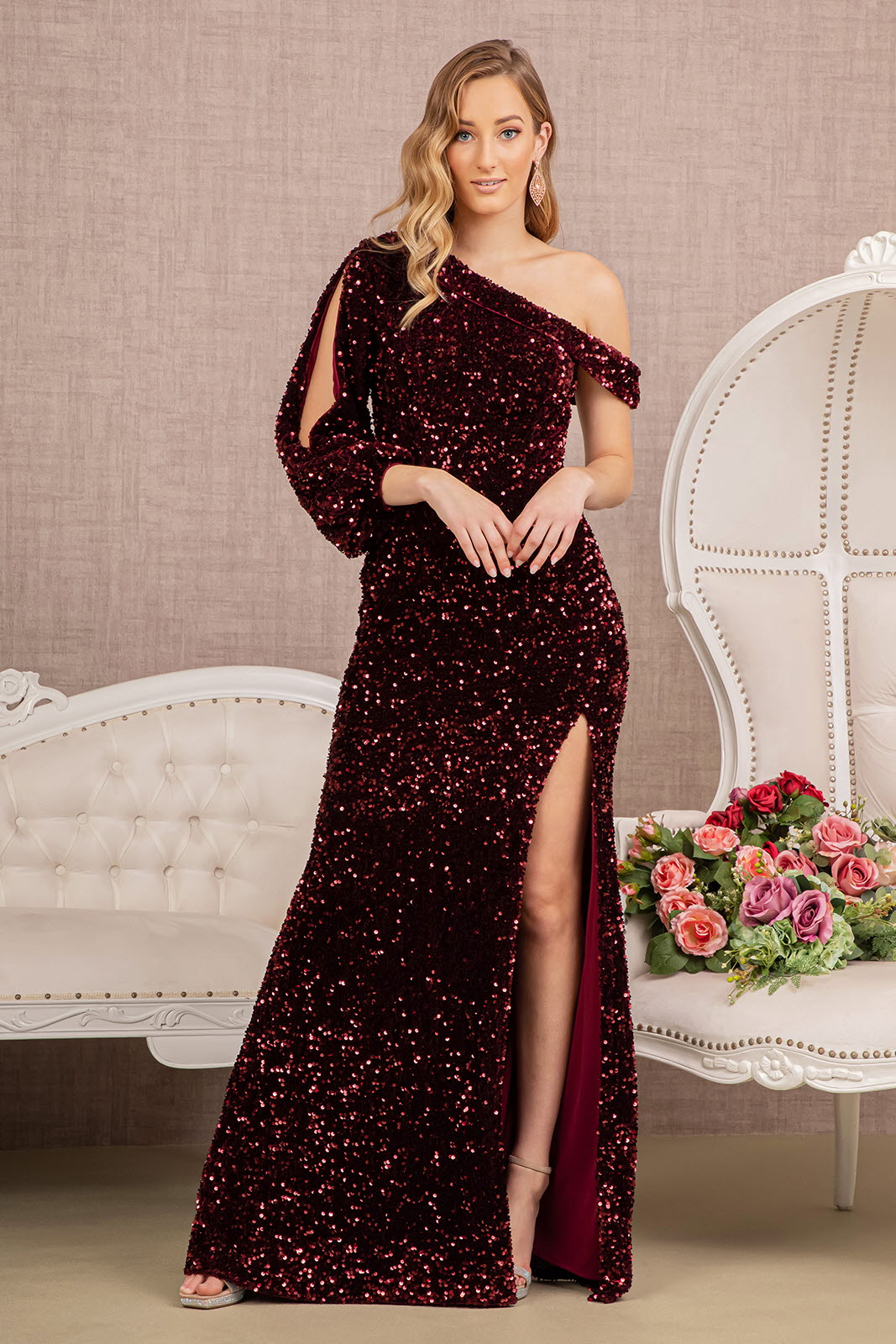 Sequin Asymmetric Velvet Festive Mermaid Gown w/ One Long Puff Sleeve  GLGL3159-8